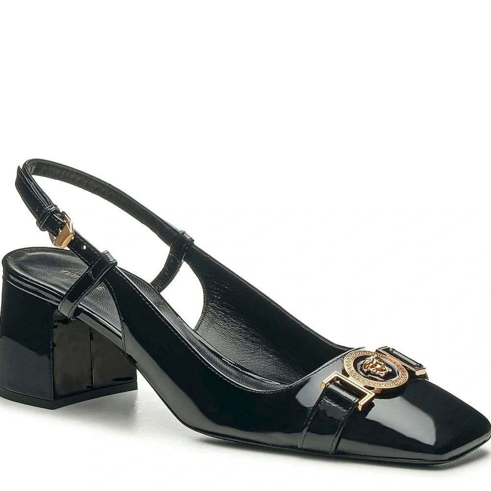 🆕 Versace Medusa Black Patent Vernis Leather Slingback Sleek Pump